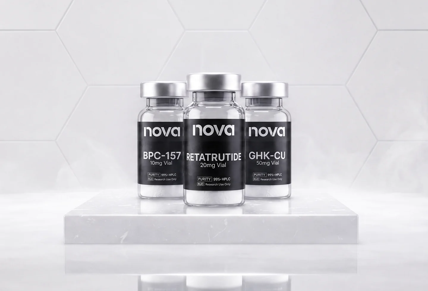 Nova research-grade peptide vials — BPC-157, Retatrutide, GHK-Cu
